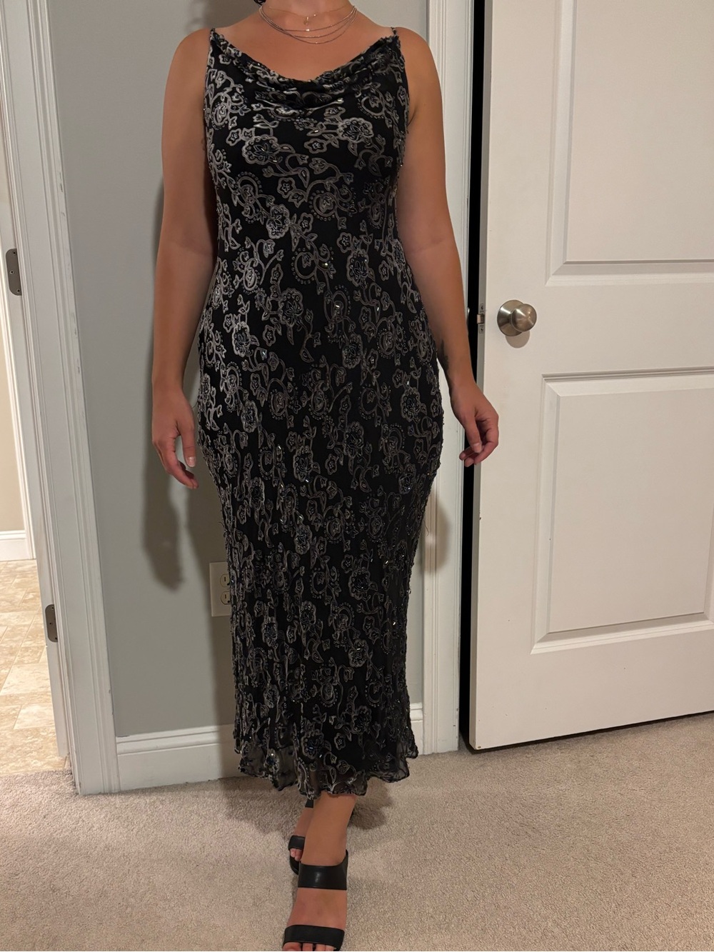 Black Floral silk and velvet beaded formal Dress with Silver Accents